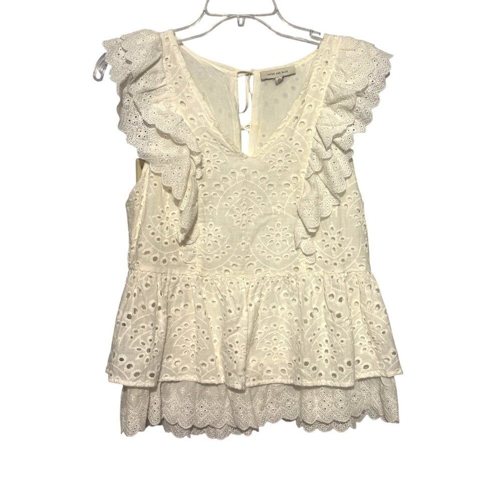Skies Are Blue Eyelet Lace Ruffle Sleeveless Cotton Peplum Top XS Women's Ivory